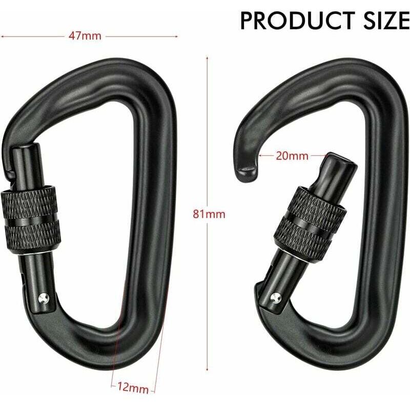 2Pcs Mousqueton Escalade 12KN (1200KG) Robustes Mousqueton Aluminium Mousqueton à Verrouillage en Forme de D pour Hamacs Balançoire de Yoga Camping