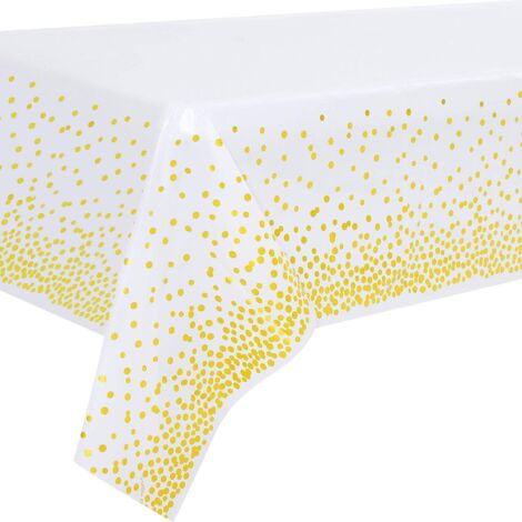 2PCS Nappe de Table de Fête Blanc et Or Jetable pour Table Rectangulaire, Couverture de Table Confettis Dorés, pour Douche Nuptiale, Fiançailles, Mariage, 137 cm x 274 cm