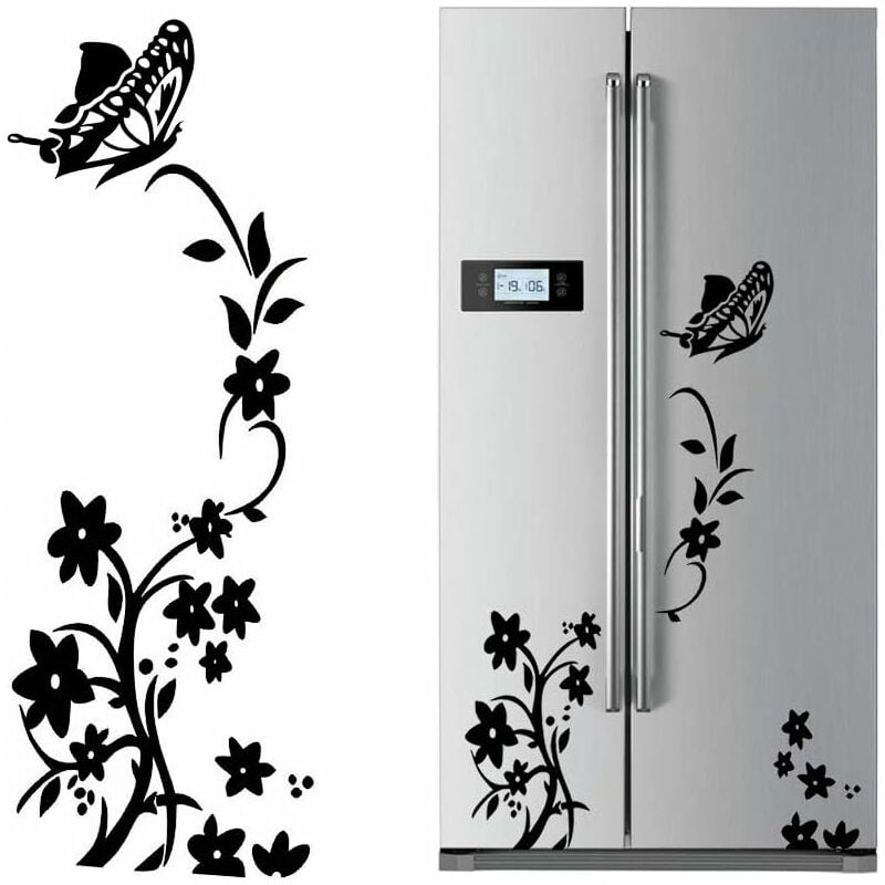 2pcs Noir Fleur Vigne Stickers Muraux Réfrigérateur en pvc Papillon Autocollant Murales Amovible Art Décor pour Placard Maison Cuisine - 140 x 50cm