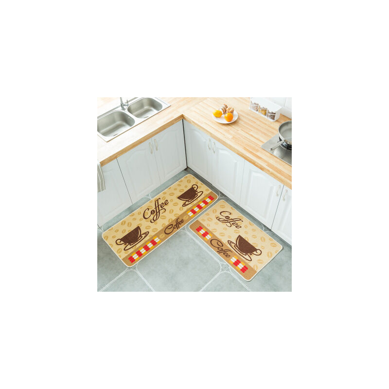 2pcs non-slip kitchen mat rubber back pad carpet set (coffee cup 50X80+50X150cm)