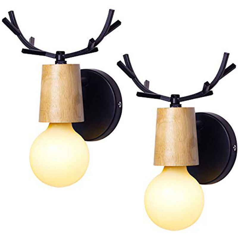 Stoex - 2PCS Nordic Wall Sconce Simple Design Deer Wall Lamp Antlers Wooden Wall Light for Bedroom Living Room Study Room Children Room (Black)