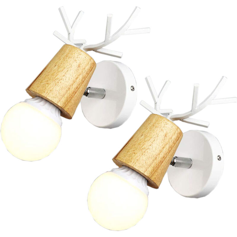 Stoex - 2PCS Nordic Wall Sconce Simple Design Deer Wall Lamp Antlers Wooden Wall Light for Bedroom Living Room Study Room Children Room (White)