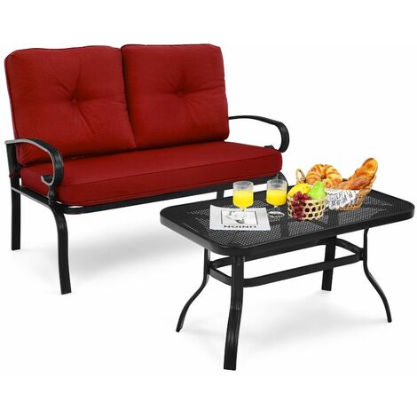2PCS Outdoor Conversation Set Patio Loveseat Bench &Coffee Table Soft Cushion