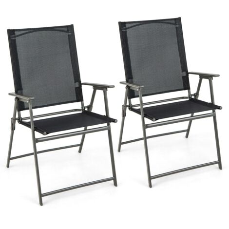 2Pcs Patio Folding Portable Dining Chairs Metal Frame Armrests Garden Outdoor