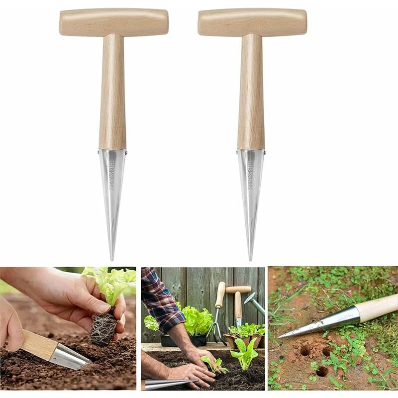 2Pcs Perforateur de Trou de Culture de graines de Plantes à Manche en Bois, Outils de Jardin à Main en Acier Inoxydable de graines et Plantes, Outils
