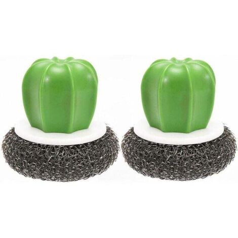 2pcs pinceaux de Cuisine en Forme de Cactus créatifs, Cactus Pot Fil éponge Boule Plat Brosse de Lavage en Acier Inoxydable récureurs Brosse de Nettoyage avec poignée en Plastique Noir