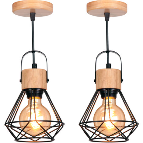 2PCS Plafones Retro Lámparas De Colgar Vintage Plafones De Interior Moderna Interiores Negro Lámparas De Colgar De Madera De Metal