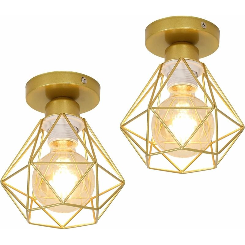 Image of 2 pezzi Lampadario Industriale Vintage Illuminazione E27 Metallo Lampadario a Soffitto Design a Diamante Oro Retro Illuminazione a Soffitto per