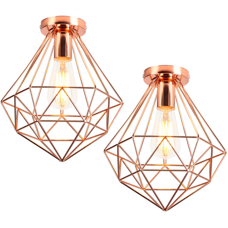 2PCS Plafonnier Antique En Diamant 26CM Luminaire Plafonnier Moderne Lampe De Plafond Vintage E27 Pour Loft, Bureau, Intérieur Or Rose