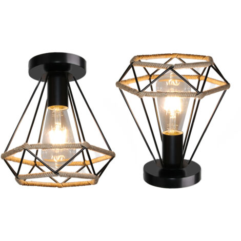 2PCS Plafonnier en Métal et Corde de Chanvre Cage Diamant E27 Rétro Industrielle Lustre Suspension pour Couloir Escalier Chambre Noir