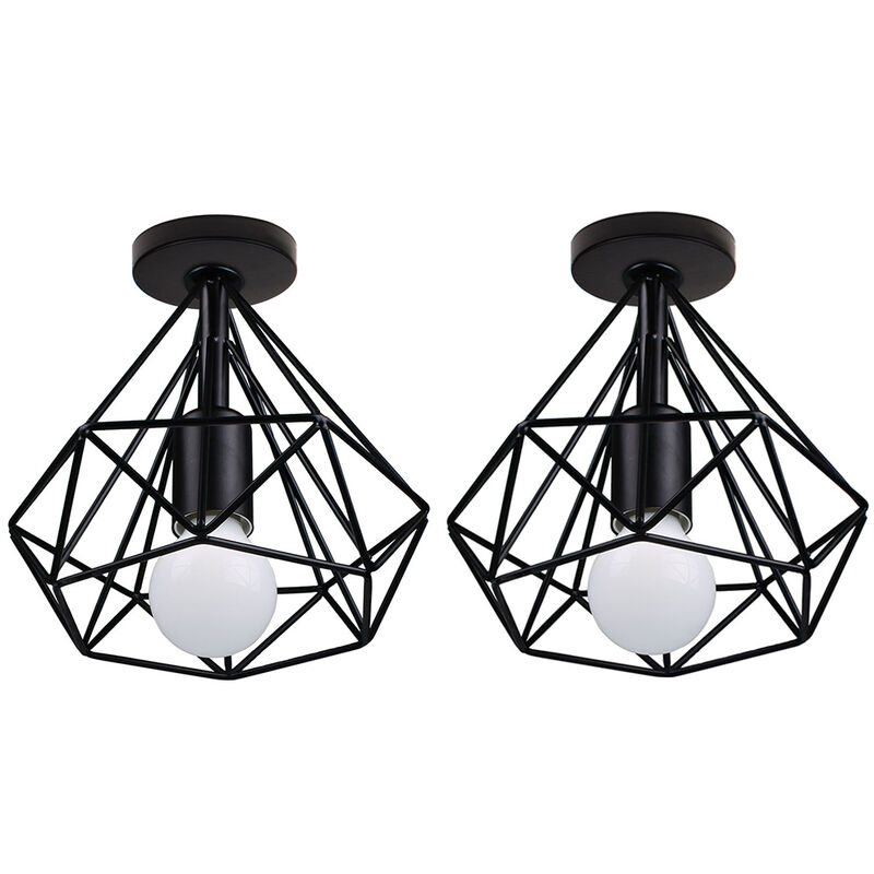 Axhup - 2Pcs Plafonnier Industrielle Cage Forme Diamant Noir Lustre Suspension en Metal Fer Luminaire pour Cuisine Couloir