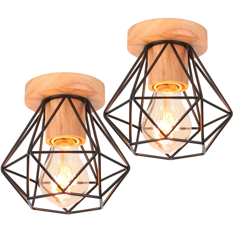 Plafonnier Industriel Bois et Métal 15CM Noir, Lampe de Plafond Vintage Cage forme Diamant E27 Luminaire pour Salon Chambre Café Bar (2pcs)