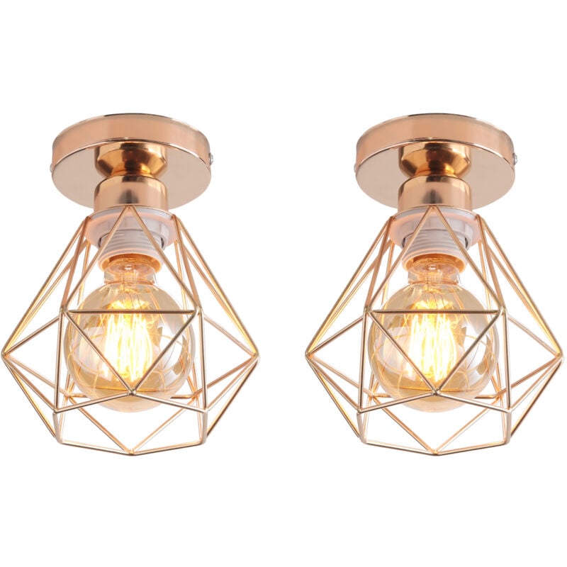 2PCS Plafonnier Rétro Lampe De Plafond Cage En Métal Or Luminaire Plafonnier Vintage D'Intérieur E27