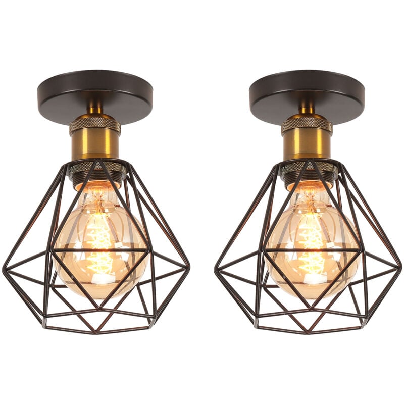 2PCS Plafonnier Rétro Lampe De Plafond E27 Cage En Métal Luminaire Plafonnier Vintage D'Intérieur Noir Pour Cuisine, Bureau