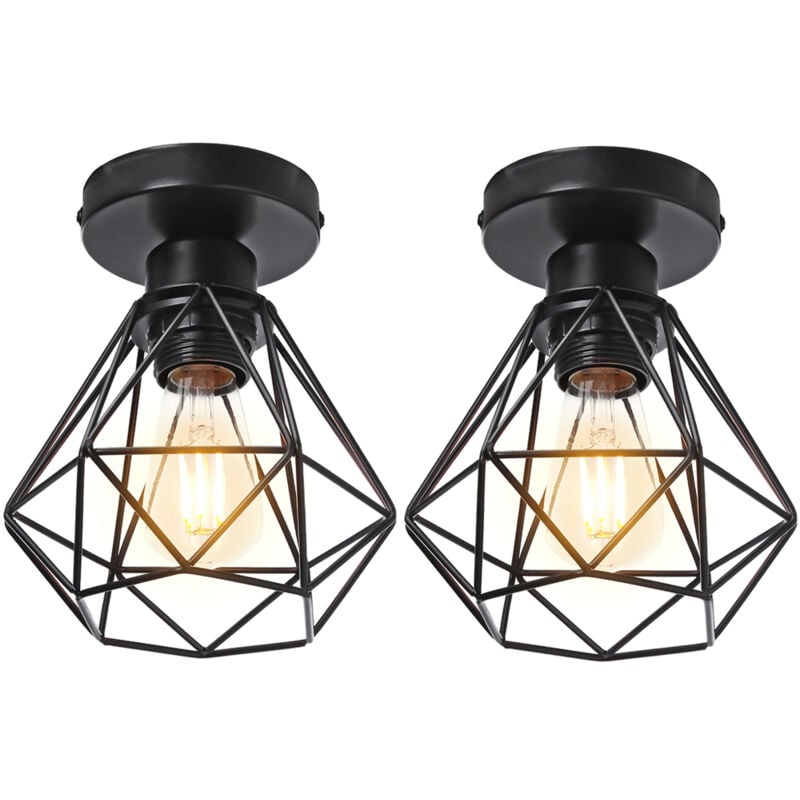 2PCS Plafonnier Rétro Noir Lampe De Plafond E27 Cage En Métal Luminaire Plafonnier Vintage D'Intérieur