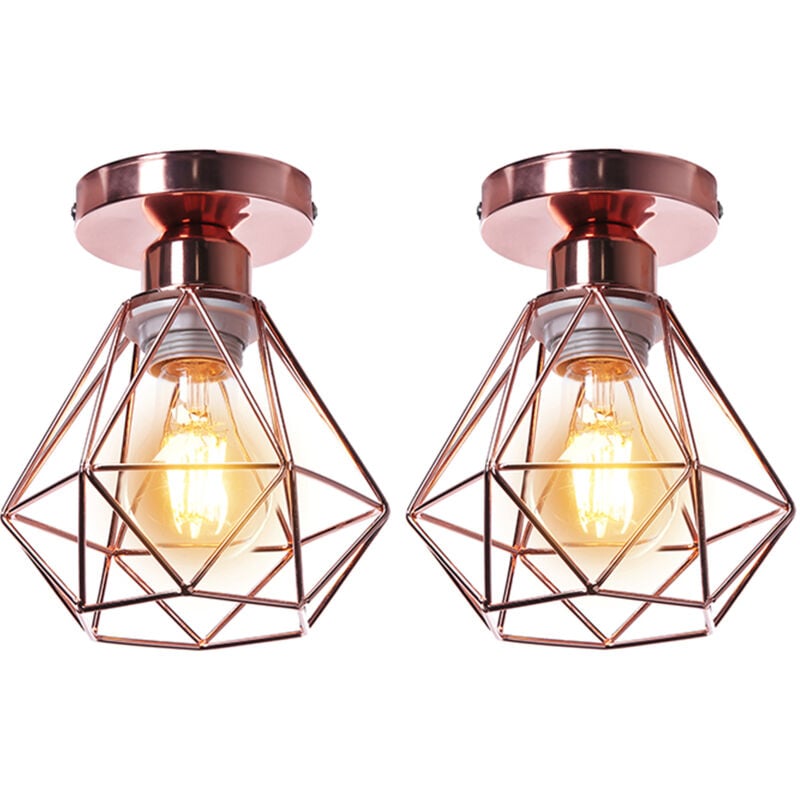 2PCS Plafonnier Rétro Or Rose Lampe De Plafond E27 Cage En Métal Luminaire Plafonnier Vintage D'Intérieur