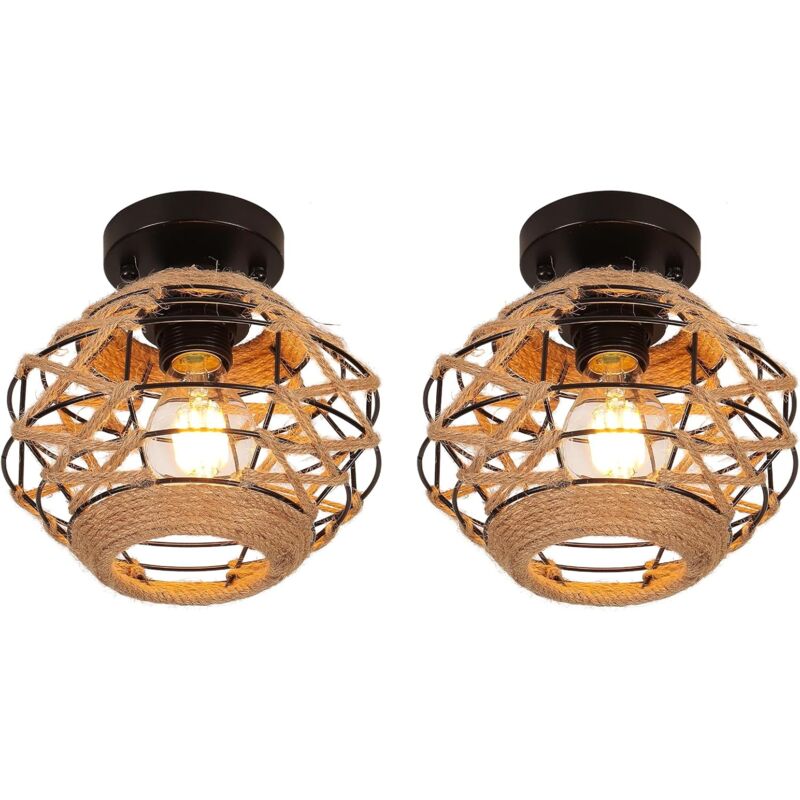 2PCS-Plafonnier Vintage , E27 Lampe De Plafond Rétro, Abat-Jour Cage En Ficelle Métallique Ø20 cm, Lumière Au Plafond Pour Salon Salle Chambre (Noir)