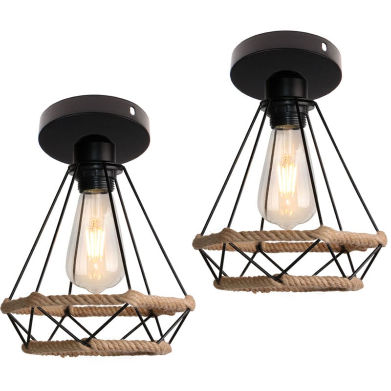 2PCS) Plafonnier Vintage Luminaire Plafonnier Diamant Lampe De Plafond Rétro En Corde De Chanvre E27, Pour Chambre à Coucher, Couloir, Noir