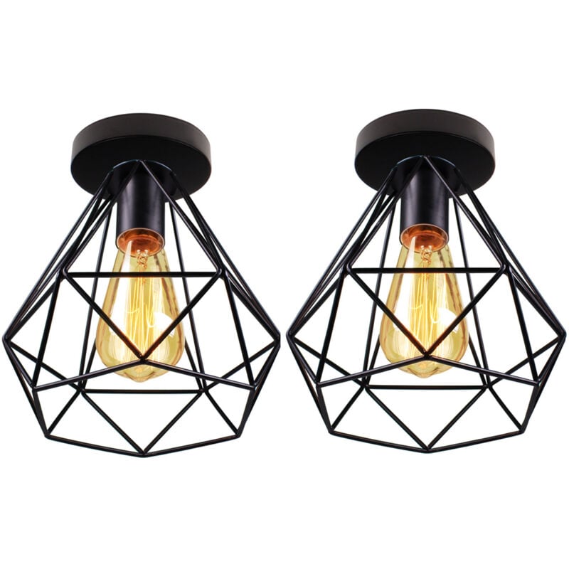 2PCS Plafonniers D'Intérieur Plafonniers En Métal Noir Vintage Lampe De Plafond Rétro Diamant Pour Salle à Manger Bar Café Chambre Bureau E27