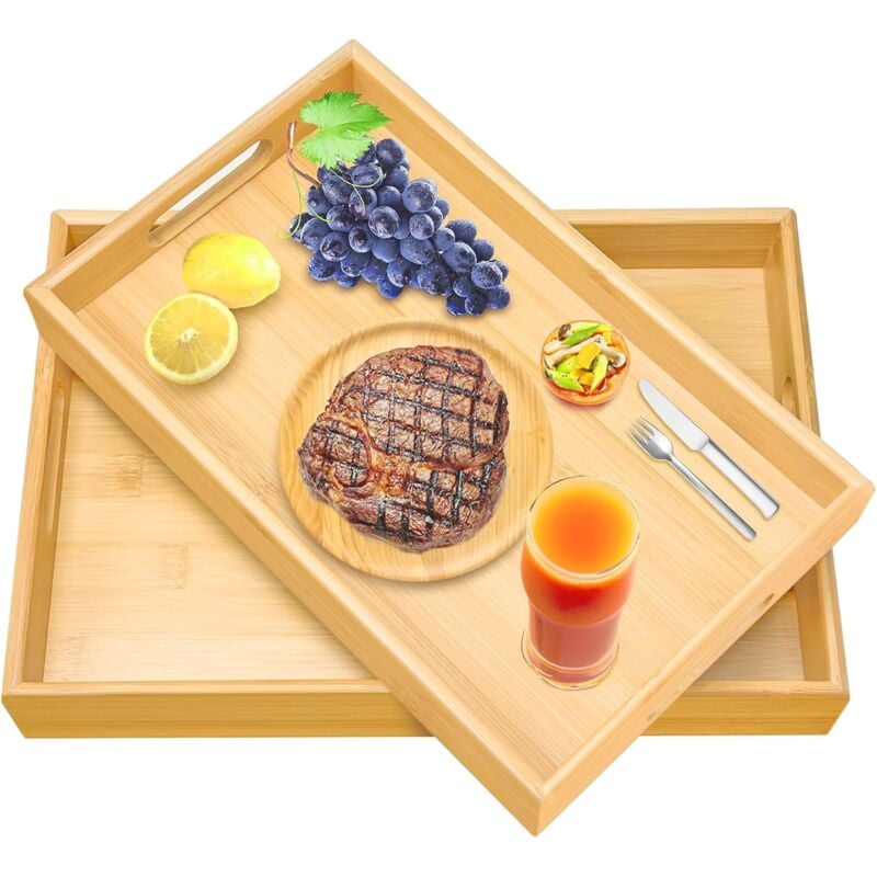 2pcs Plateaux de Service en Bambou, Plateau Bois, Plateau Service Rectangulaire avec Poignées, Plateau Petit-déjeuner Plateau Service pour Vaisselle,