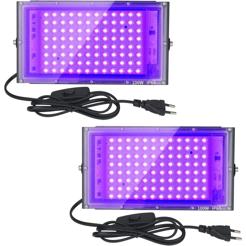 2pcs Projecteur UV LED 100W Lumière Noire IP65 Imperméable, Lampe LED Ultra-violet, Eclairage à Effet pour Aquarium, Soirée, Peinture Fluo, affiche