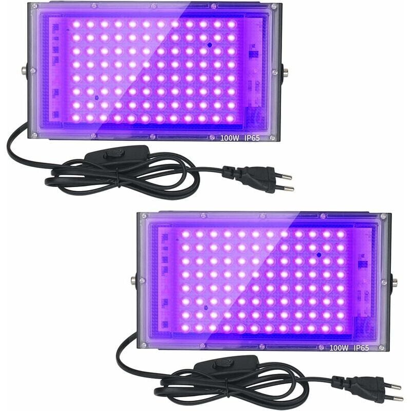 2pcs Projecteur uv led 100W Lumière Noire IP65 Imperméable, Lampe led Ultra-violet, Eclairage à Effet pour Aquarium, Soirée, Peinture Fluo, affiche