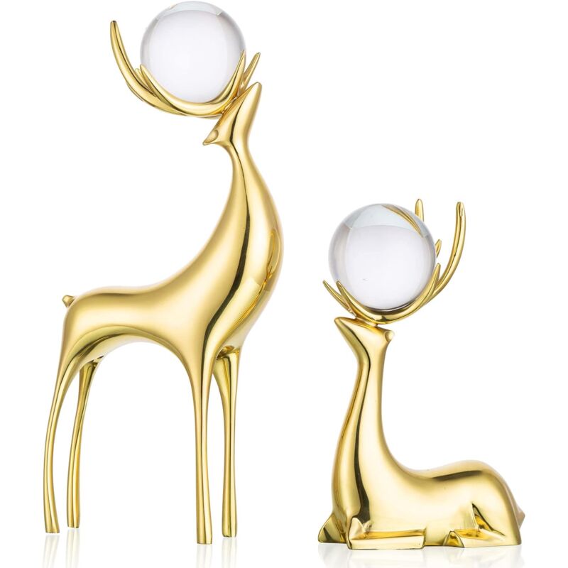 2PCS Reindeer Sculptures Figurines Statues, Brass Deer with Crystal Ball Animal Ornaments for Living Room Office Table Bedroom Christmas Decoration,