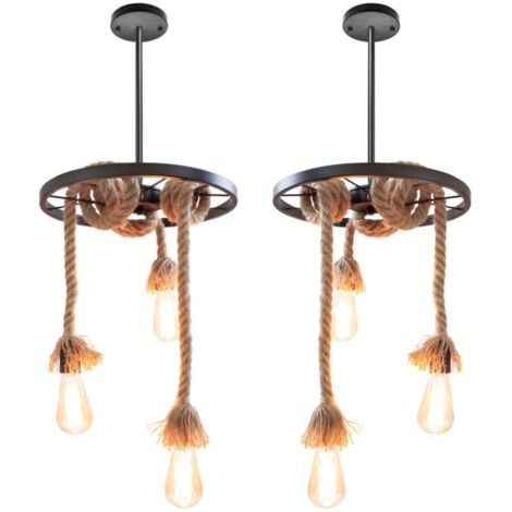 WOTTES 2Pcs Retro Ceiling Pendant Light Hemp Rope Metal Hanging Lamp Adjustable Chandelier 6 Lights