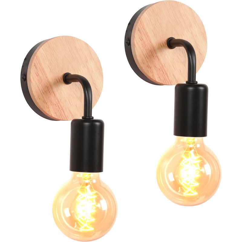 2PCS Retro Wall Lights Metal Iron Wood Vintage Wall Lights E27 Plate Wall Light For Living Room, Bedroom, Bathroom, Hallway Bar Hotel (Black,No Bulb)