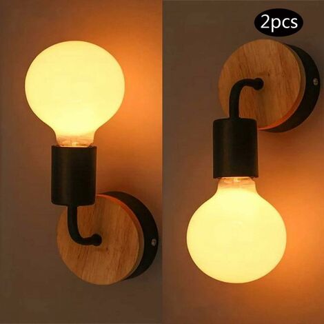 WOTTES 2Pcs Retro Wall Light Wooden Metal Wall Lamp Edison Indoor Wall Sconce E27 for Kitchen Bedroom