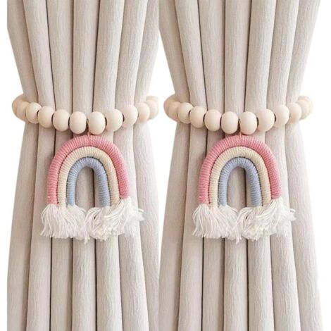 2PCS Rideau embrasses dos, embrasses de Rideau avec pendentif pompon arc en ciel, cravates en bois perlé pour rideaux, pas de poinçonnage Rideau retenues traitement de fenêtre pour chambre à cou