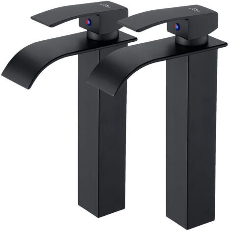 2PCS Robinet Salle de Bain Cascade, Moderne Robinet Lavabo Noir Cascade Haut, Mitigeur Lavabo Cascade avec bec Hauteur , Robinetterie Carré en Laiton Eau Chaude et Froide Disponible G 3/8