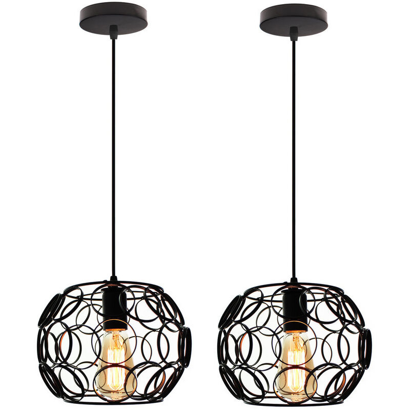 2PCS Round Cage Pendant Light Metal Iron Pendant Lamp Industrial Vintage Retro Ceiling Lamp for Club Bar Cafe Black