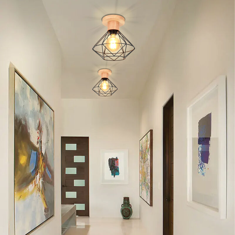Axhup - 2PCS Rétro Plafonnier Vintage Cage en Métal et Bois E27 Lustre Lampe Plafond pour Couloir Escalier Chambre Noir