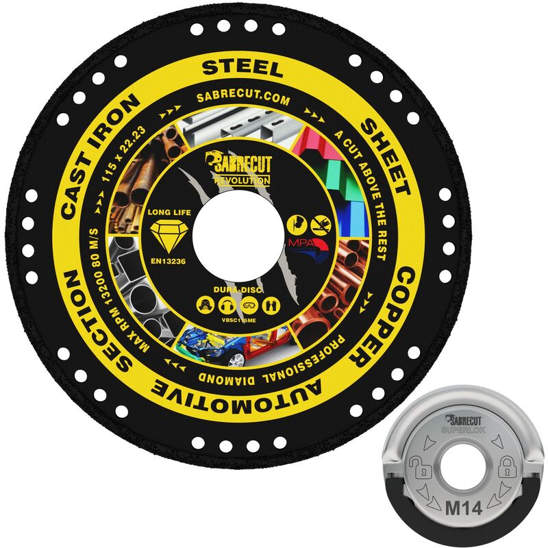 2pcs SabreCut 115mm Vacuum Brazed Metal Cutting Disc & Quick Change Locking Flange Nut Kit - VB115MEGRB