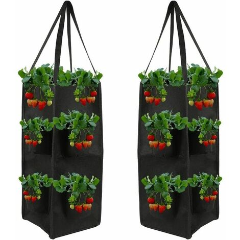 2pcs Sac de Plantation Jardin pour Fraise, Sacs de Culture Feutre à Fraises, Sacs à Plantes Suspendu avec 8 Poches Latérales pour 24 souches Fraisier ou comme Pot de Fleurs (Noir)（Ne comprend pas les