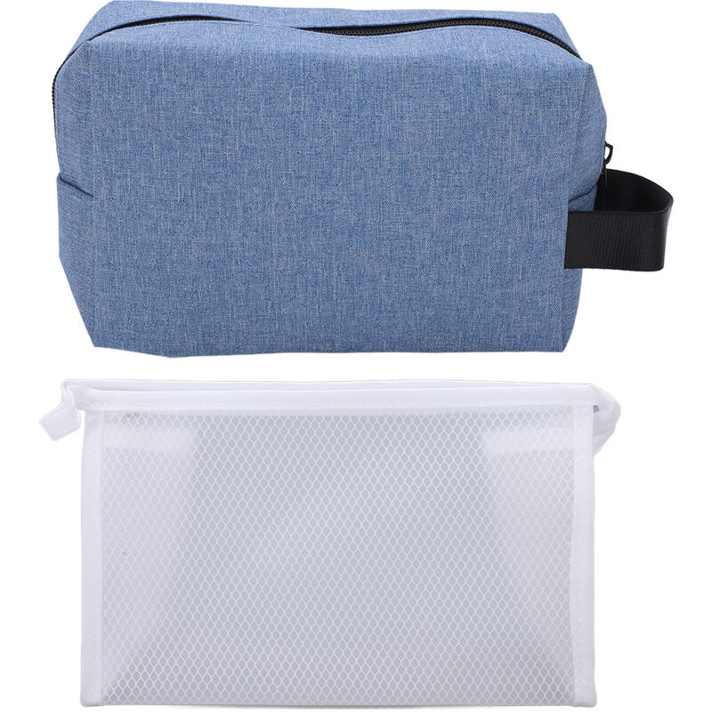 2Pcs Sac de Voyage Imperméable en Toile pour Produits de Maquillage et Soins, Trousse de Toilette Bleue