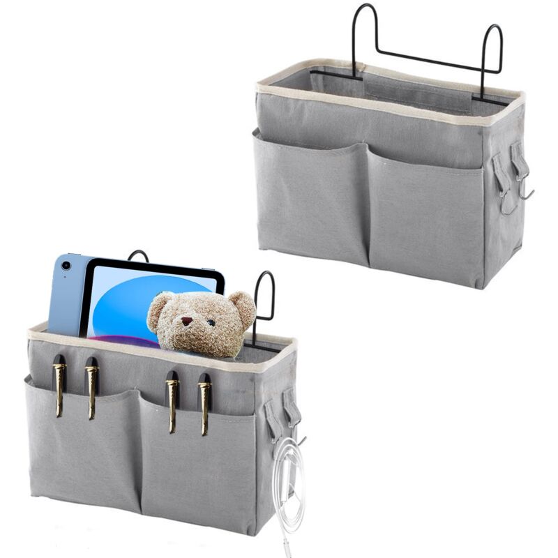 2pcs Sac Organisateur de Chevet Vide Poche Lit Rangement Poche de Lit Panier a Suspendre Pochette de Lit Organisateur Etagere Lit en Toile Grande
