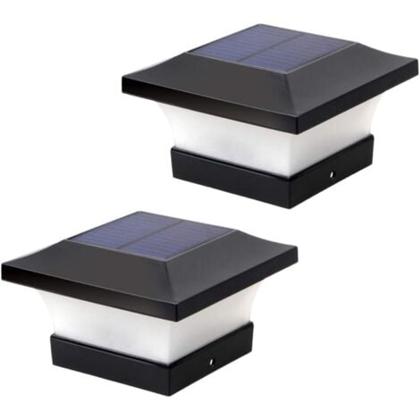 2Pcs Solar Post Lights Decorative LED Pillar Column Lamp Fence Landscape Square Cap Light for Garden Patio Yard (Black 3W 6000K White Light)