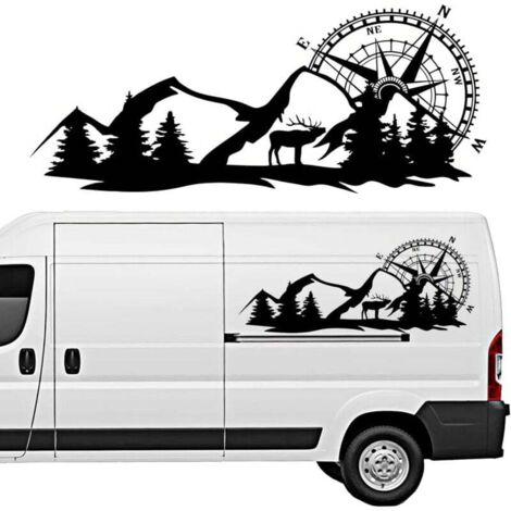 2pcs Stickers camping car, Autocollant de carrosserie latérale de voiture avec des motifs de montagne, de boussole et de cerf PVC noir autocollant autocollant de carrosserie autocollant