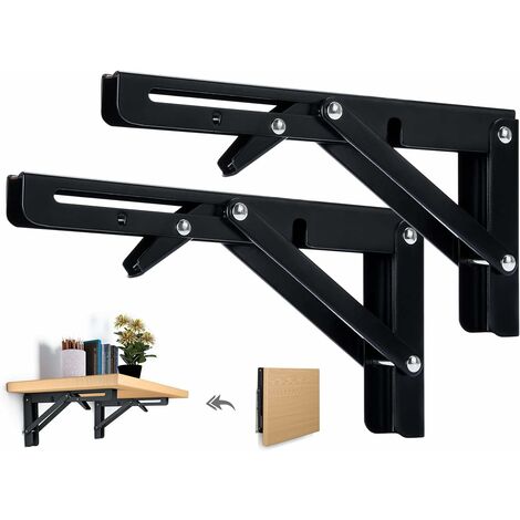 2PCS Support d' Étagères Pliable 200mm Équerre Pliante Étagère Murale Support Pliante Robuste Noir Support Console Pliable pour Table Etagere Murale 50KG Porteur