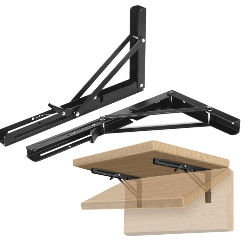 Tonchean - 2PCS Support d' Étagères Pliable Équerre Pliante Étagère Murale Support Pliante Robuste Noir Support Console Pliable Murale