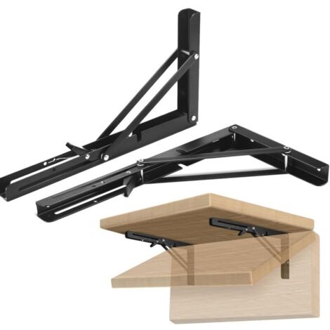 2PCS Support d' Étagères Pliable  Équerre Pliante Étagère Murale Support Pliante Robuste Noir Support Console Pliable Murale