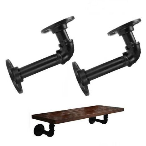 2pcs Supports d'étagère de tuyau industriel pour étagères, support d'étagère flottant de tuyau en métal noir en L-Support de rayonnage mural décoratif robuste style vintage de ferme rustique