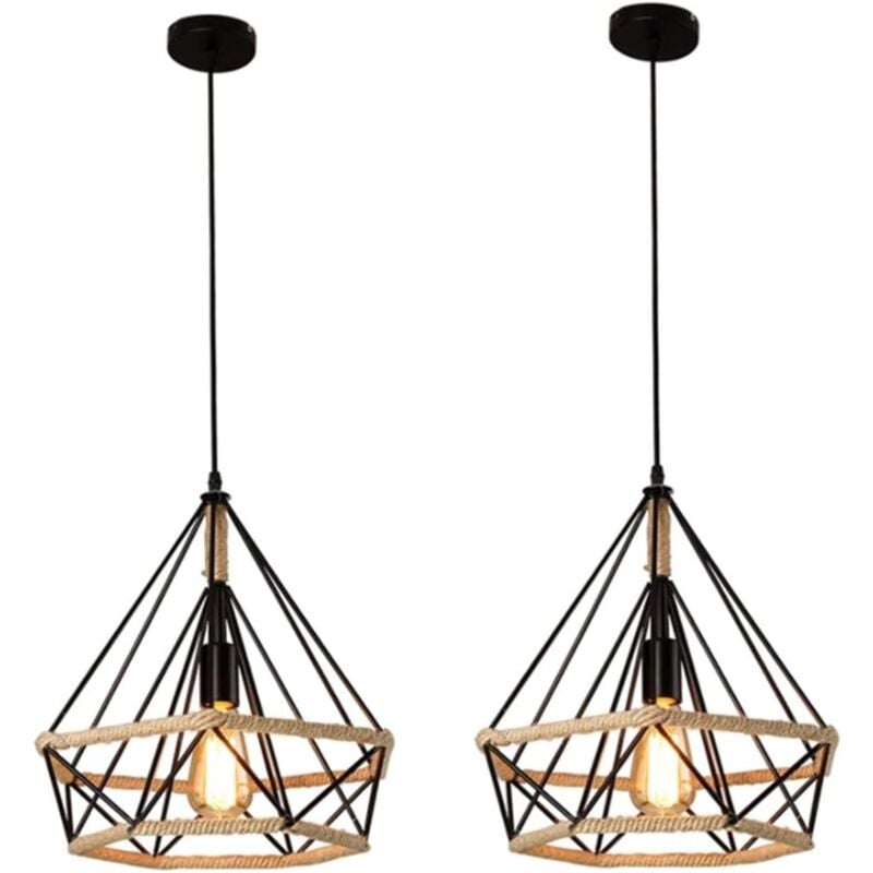 2PCS Suspension Luminaire En Corde De Chanvre Lustre Rétro Plafonnier Diamant Noire Pour Bureau, Couloir, Restaurant, Loft, Bar, Café, 25Cm