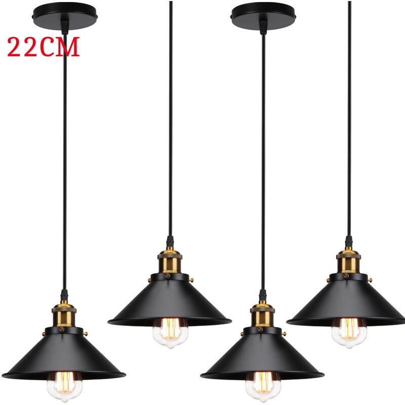 Suspension Luminaire Industrielle Vintage Lustre Abat-jour Metal E27 22cm Noir 4PCS