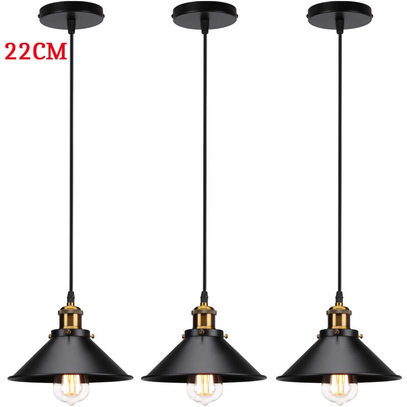 Suspension Luminaire Industrielle Vintage Lustre Abat-jour Metal E27 22cm Noir 3PCS