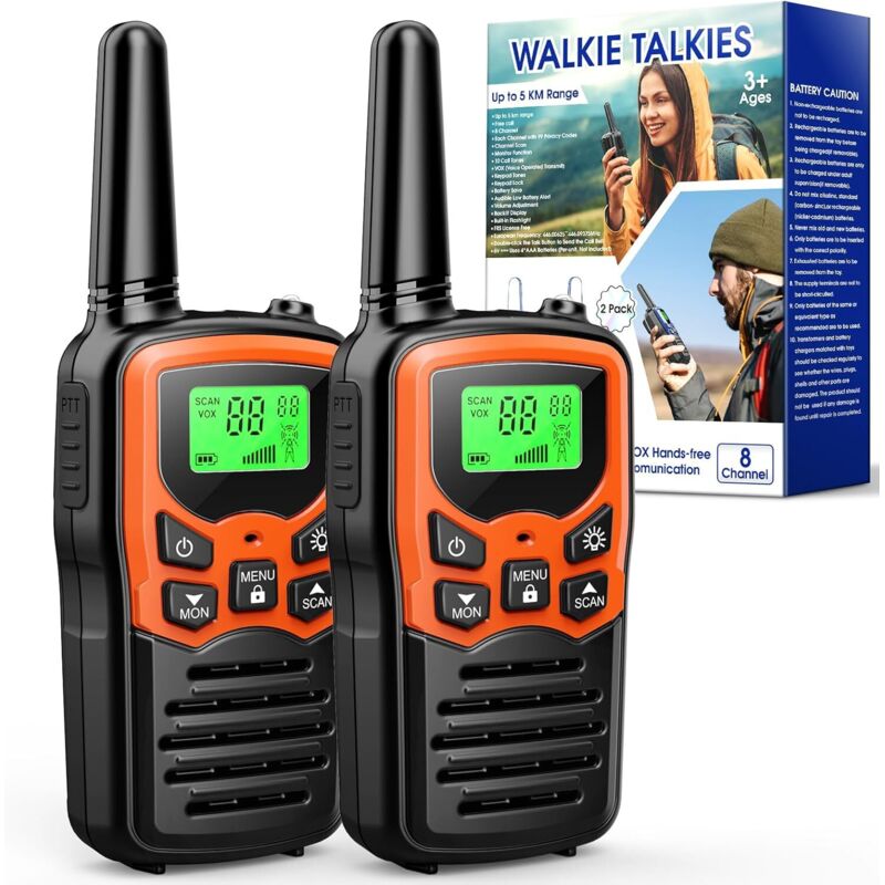 2pcs Talkie Walkie Longue Portée 8KM, Camping Accessoires Talkie Walkie Adulte Enfants Radio Talkie Walkie Chasse avec Lampe de Poche rétroéclairée