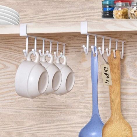 2pcs Tasse Tasses à vin Verres de Rangement Crochets Ustensiles de Cuisine Cravates Ceintures et écharpe Accrocher porte-rack Crochet sous Placard Cabinet Sans Perçage,Blanc