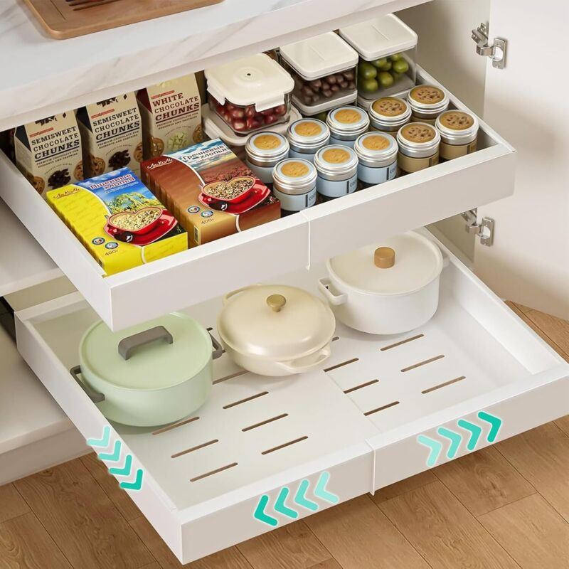 Tiroir Coulissant Cuisine Adhesif, Tiroir Télescopique, Organisateurs D'armoire Coulissants Extensible 32-52cm, Bac Coulissant Placard Cuisine pour